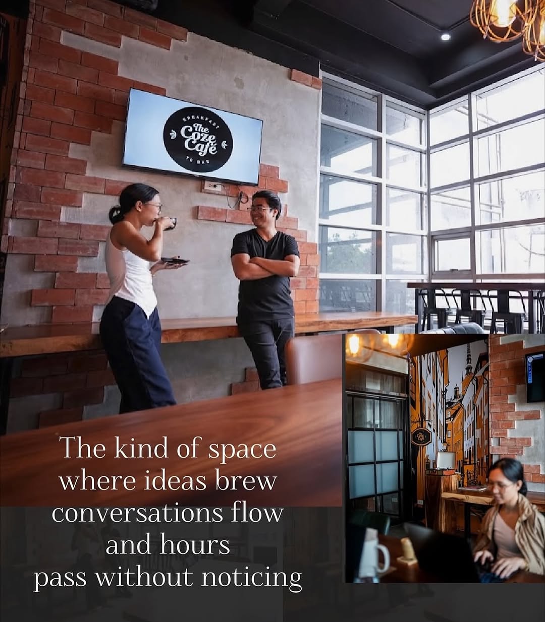 The Coze Café main dining area — exposed brick and warm wood